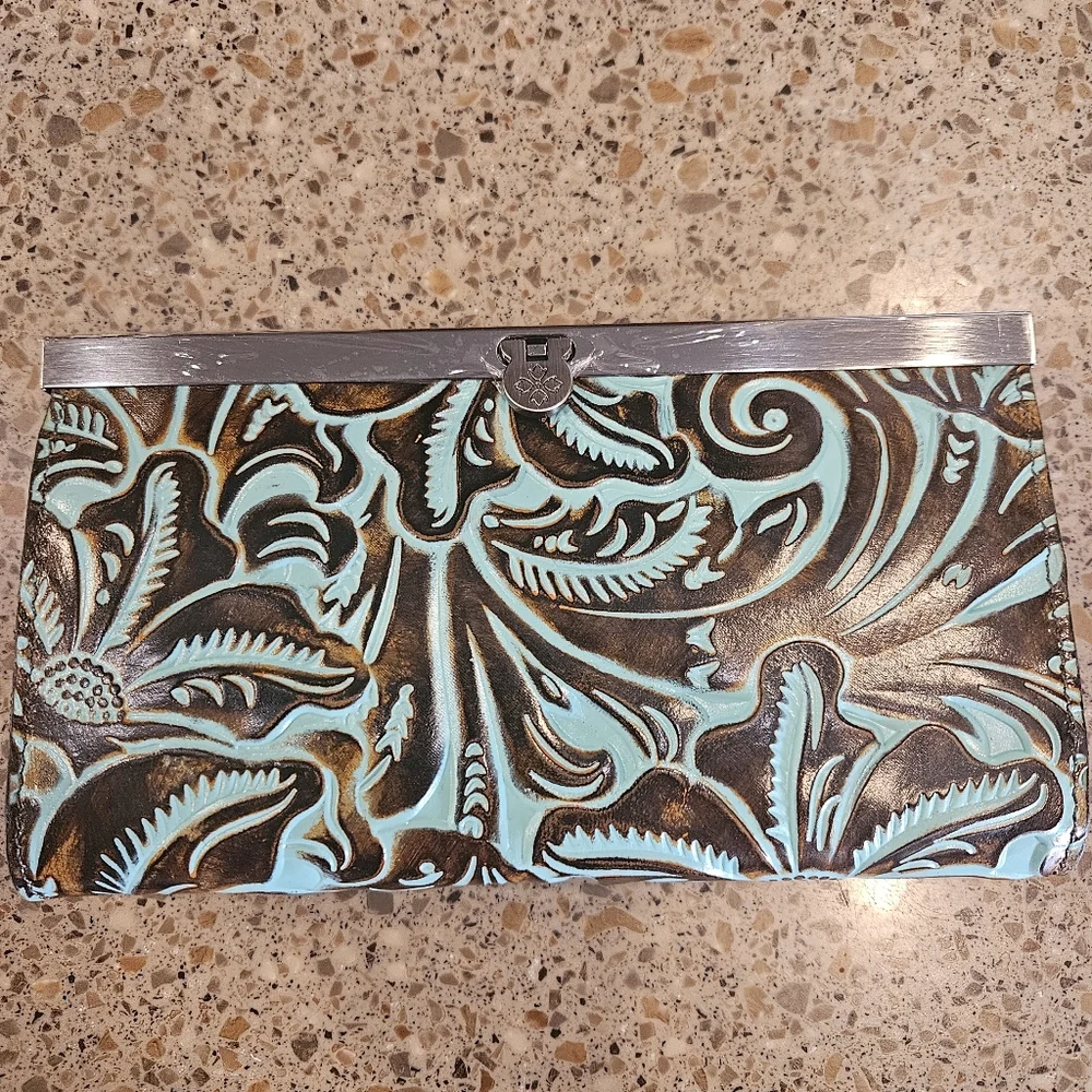 Patricia Nash NWOT Turquoise Tooled Cauchy Frame 100% Full Grain Leather - Picture 2 of 7